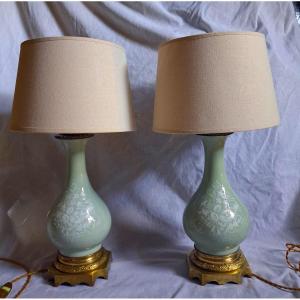 Paire de lampe céladon bronze et porcelaine
