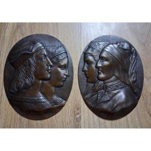 Grand Tour Paire de Médaillons de profil de Raffaello et Dante  Firenze