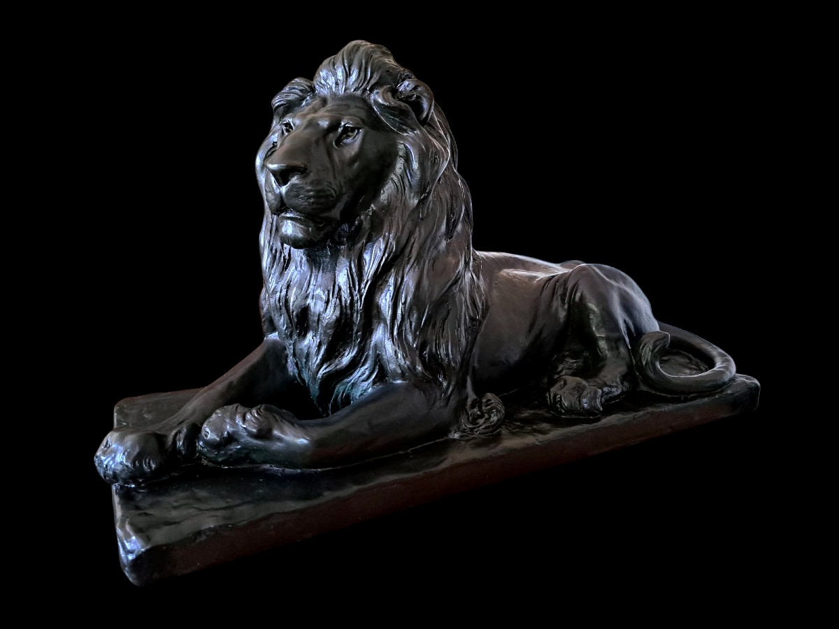 Japanese Bronze By Ichiga Numata - Reclining Lion - (japan, Late Meiji-taisho Era, 1900-1920)-photo-3