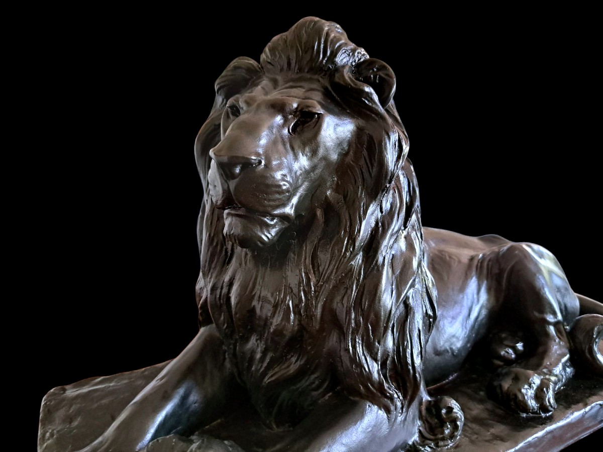 Japanese Bronze By Ichiga Numata - Reclining Lion - (japan, Late Meiji-taisho Era, 1900-1920)-photo-2