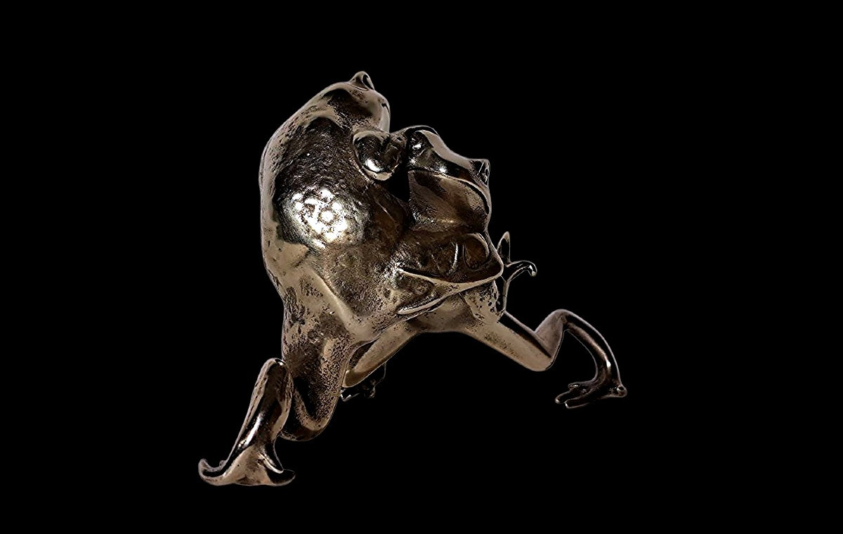 Japanese Bronze By Oshima Joun In German Silver - Wrestling Frogs-photo-3