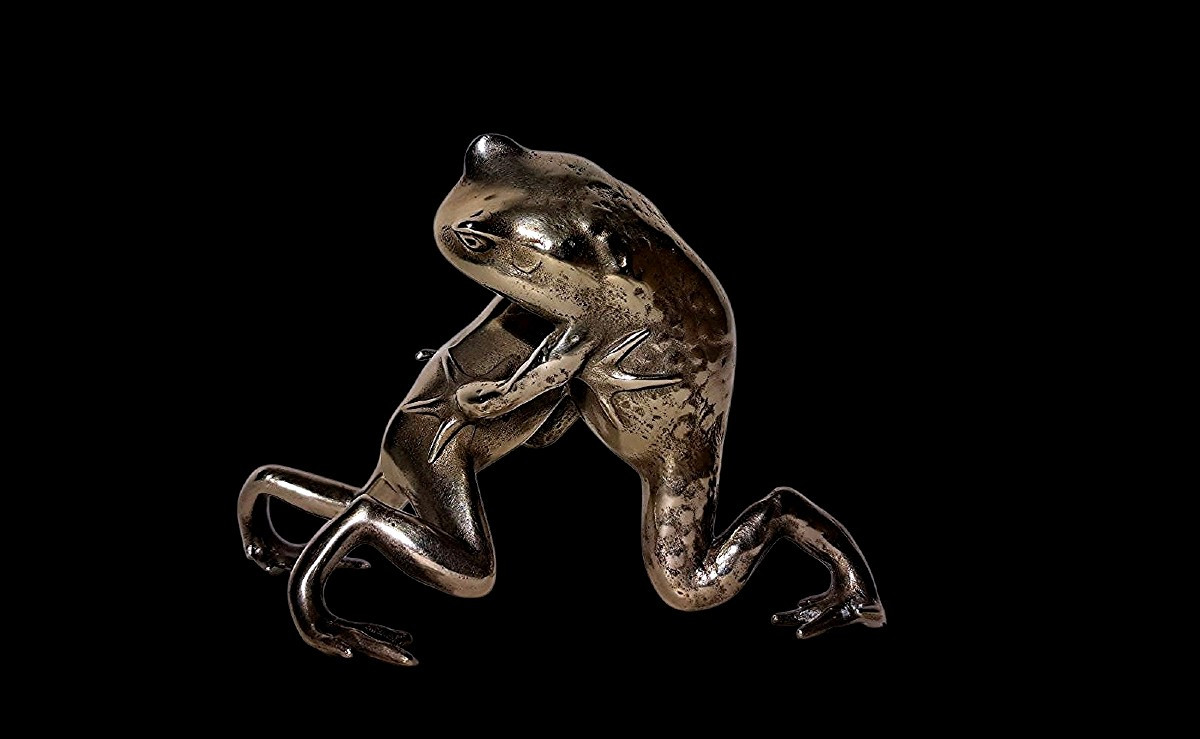 Japanese Bronze By Oshima Joun In German Silver - Wrestling Frogs-photo-4