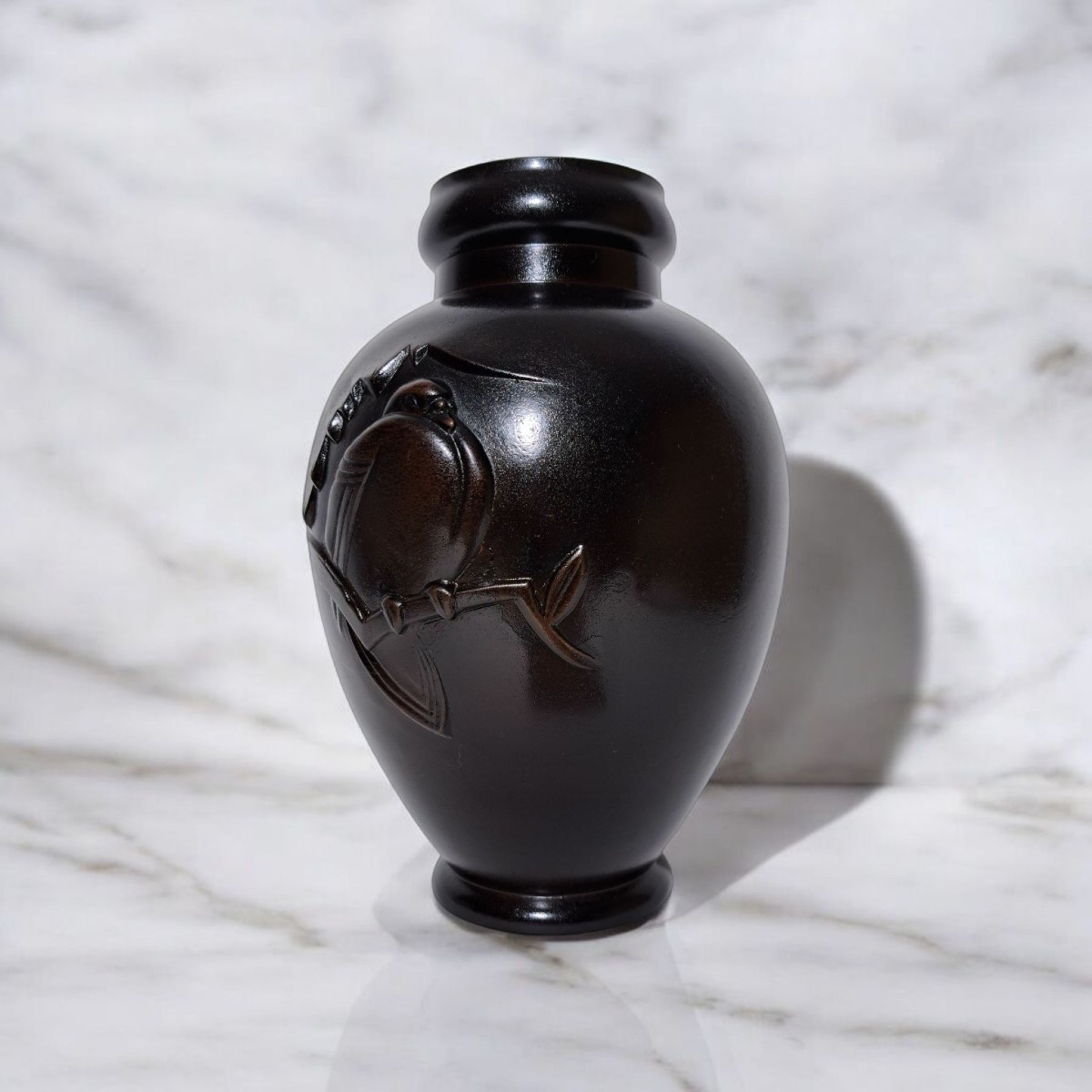 Bronze Japonais - Vase Signé Nanto  - Oiseau Sur Une Branche -photo-2