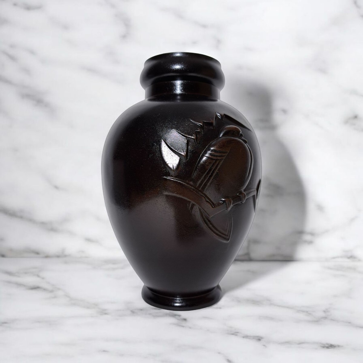 Bronze Japonais - Vase Signé Nanto  - Oiseau Sur Une Branche -photo-3