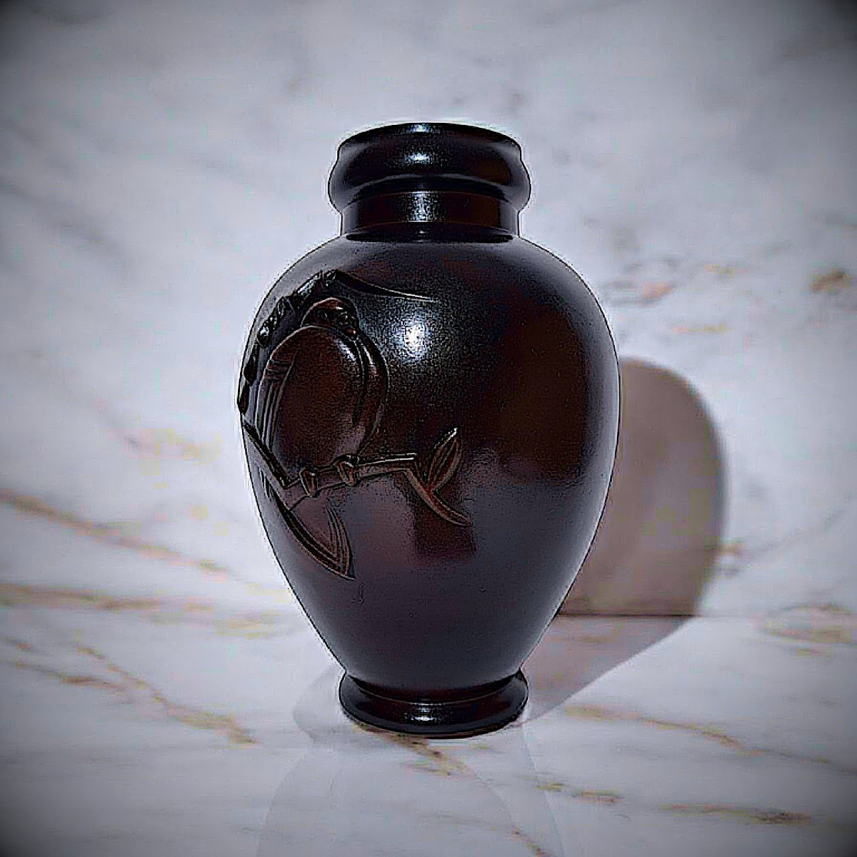 Japanese Bronze - Vase Signed Nanto - Bird On A Branch -photo-3