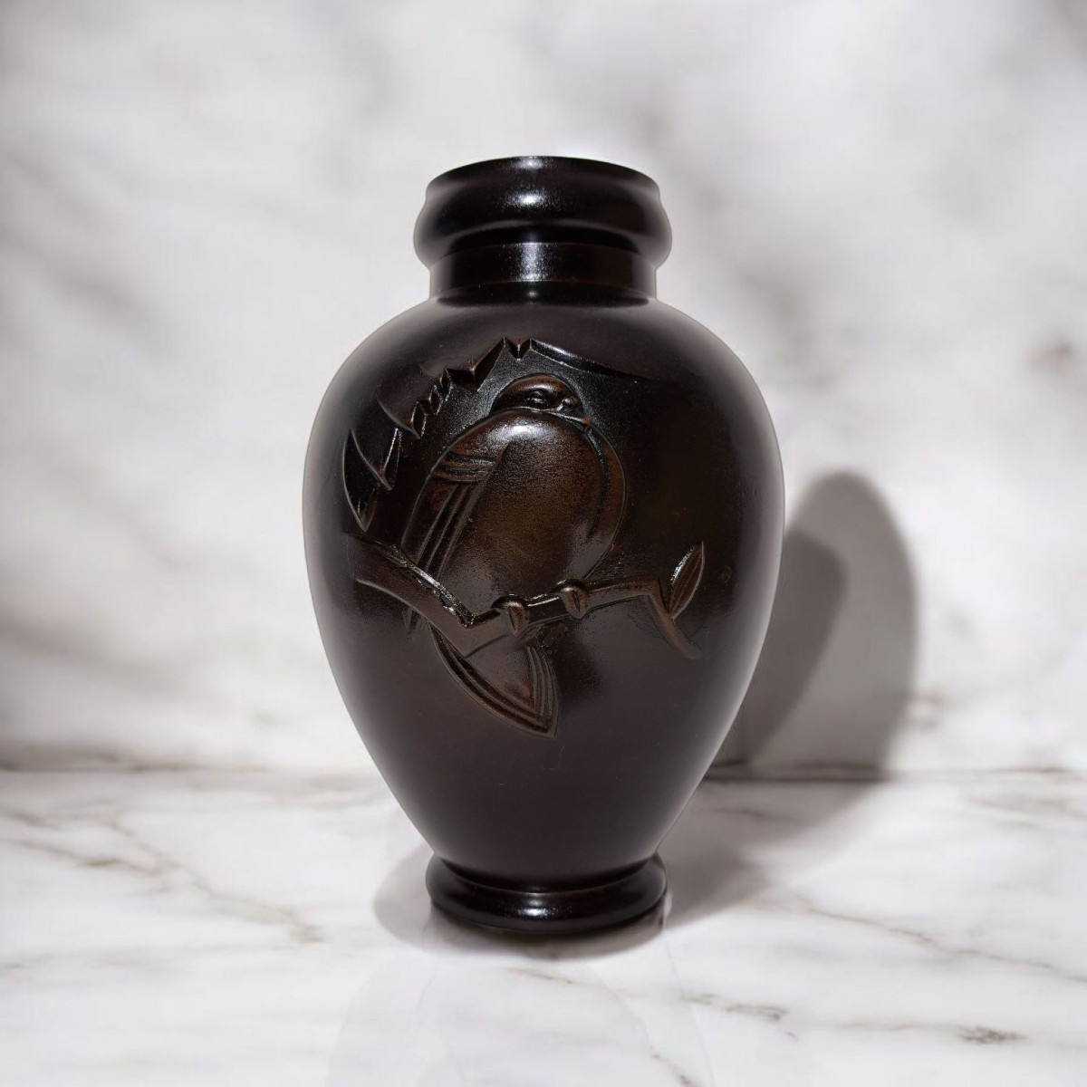 Bronze Japonais - Vase Signé Nanto  - Oiseau Sur Une Branche 