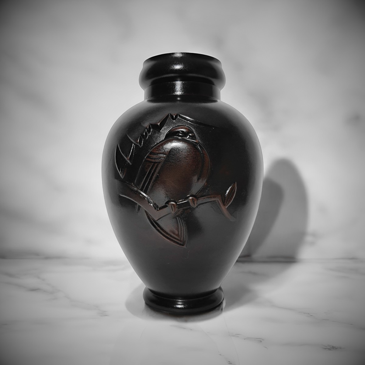 Japanese Bronze - Vase Signed Nanto - Bird On A Branch 