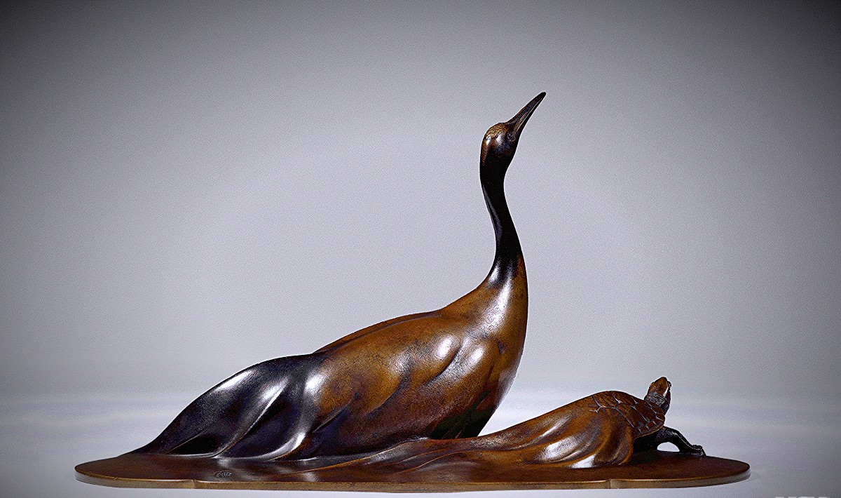 Bronze Japonais de Katô TATSUO  加藤 龍雄 - Minogame et grue-photo-2