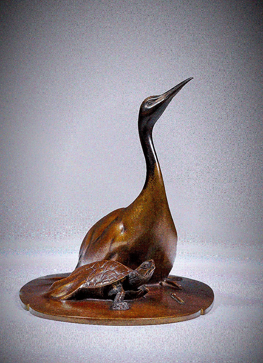 Bronze Japonais de Katô TATSUO  加藤 龍雄 - Minogame et grue-photo-4