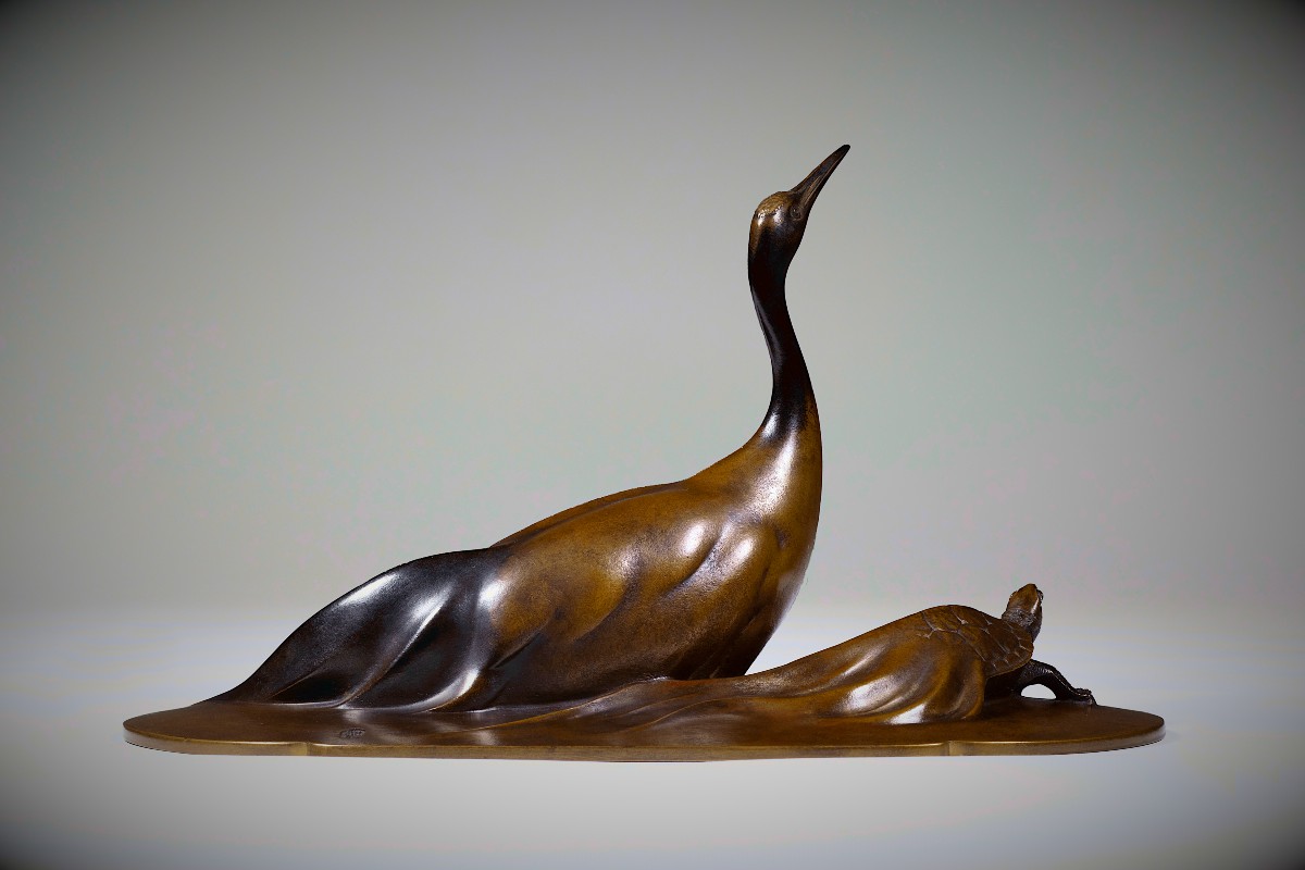 Japanese Bronze By Katô Tatsuo 加藤 龍雄 - Minogame And Crane-photo-2