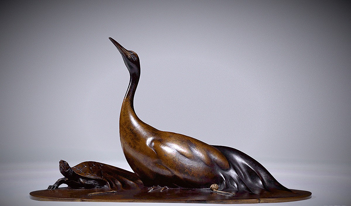 Bronze Japonais de Katô TATSUO  加藤 龍雄 - Minogame et grue