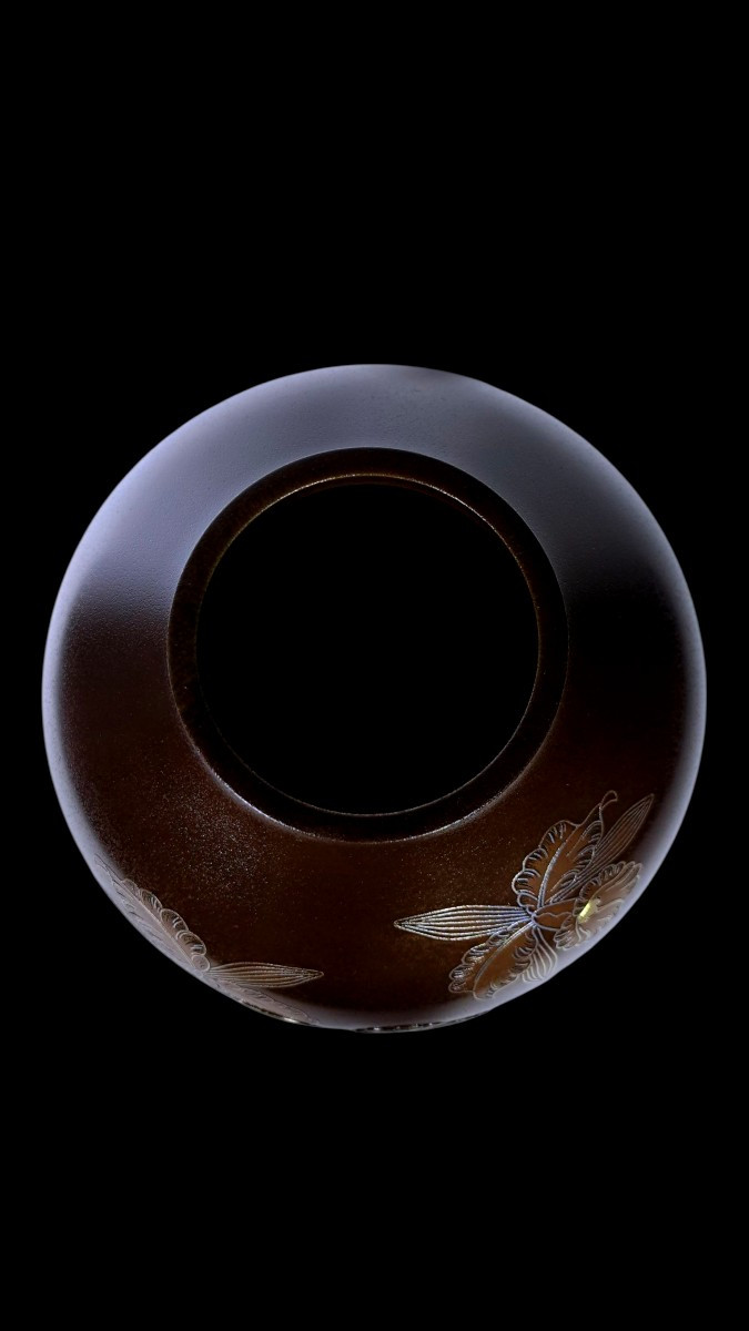 Bronze Japonais de Takano RYOICHI : Vase orné de motifs de cattleya (orchidée) en argent-photo-1
