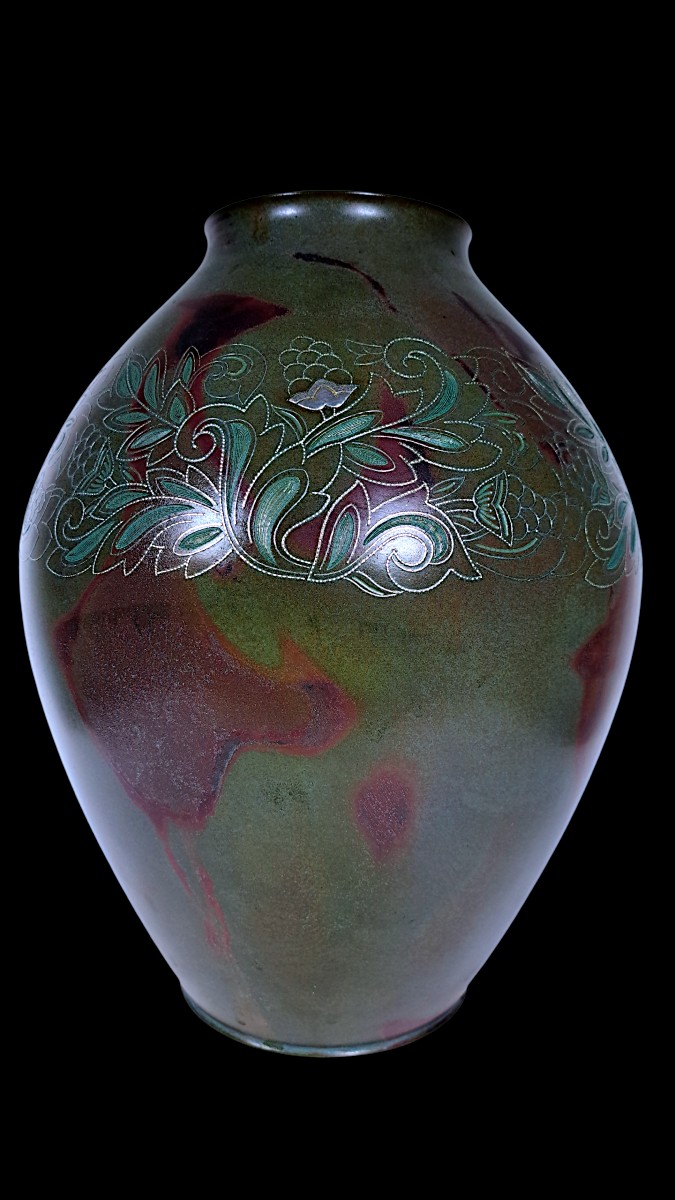 Bronze japonais de Hannya KANKEI (般若勘渓) : Vase en bronze incrusté d'argent-photo-2