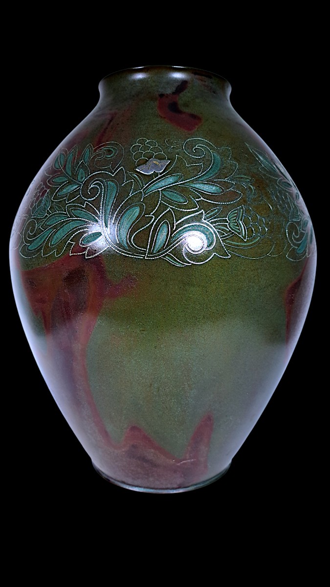 Bronze japonais de Hannya KANKEI (般若勘渓) : Vase en bronze incrusté d'argent-photo-3