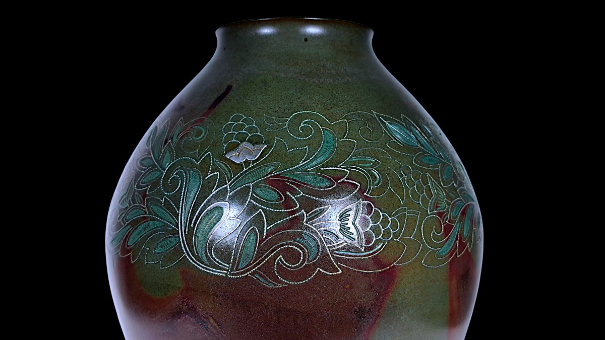 Bronze japonais de Hannya KANKEI (般若勘渓) : Vase en bronze incrusté d'argent-photo-4
