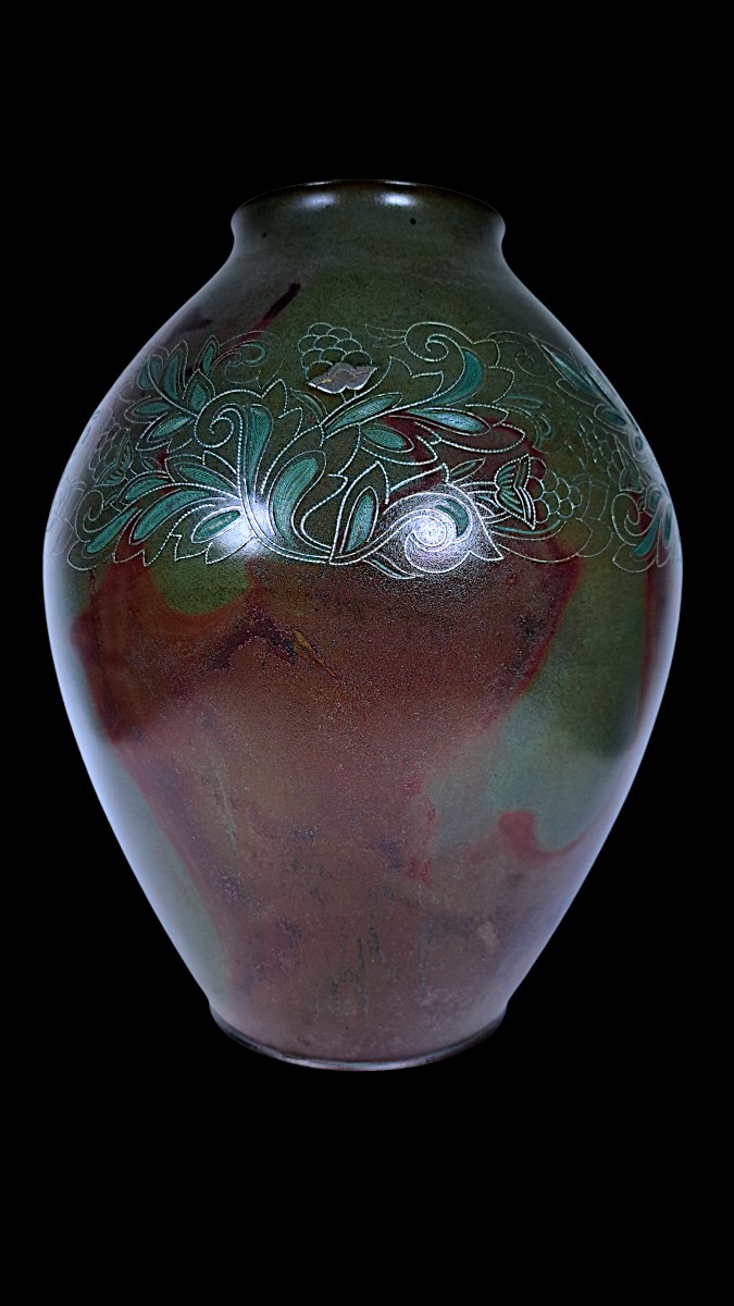 Bronze japonais de Hannya KANKEI (般若勘渓) : Vase en bronze incrusté d'argent