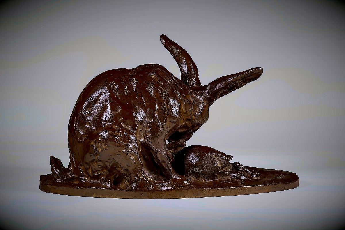 Japanese Bronze Sculpture By Ikeda Yûhachi - Hare And Its Leveret-photo-2