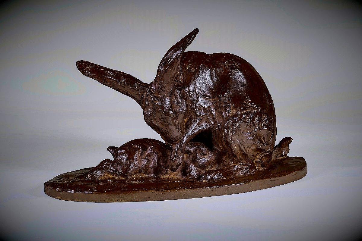 Japanese Bronze Sculpture By Ikeda Yûhachi - Hare And Its Leveret-photo-1