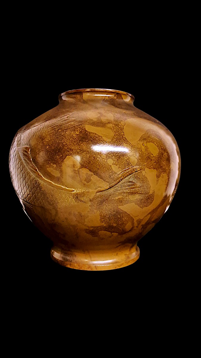Vase japonais en bronze signé KEIUN –  Koi-photo-3