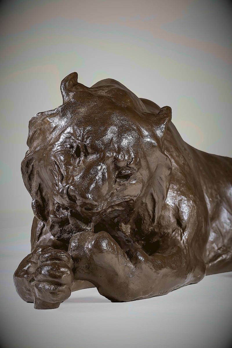 Bronze Japonais de Kondo SHOSHIN  (MASAZANE) - tigre léchant ses pattes-photo-1