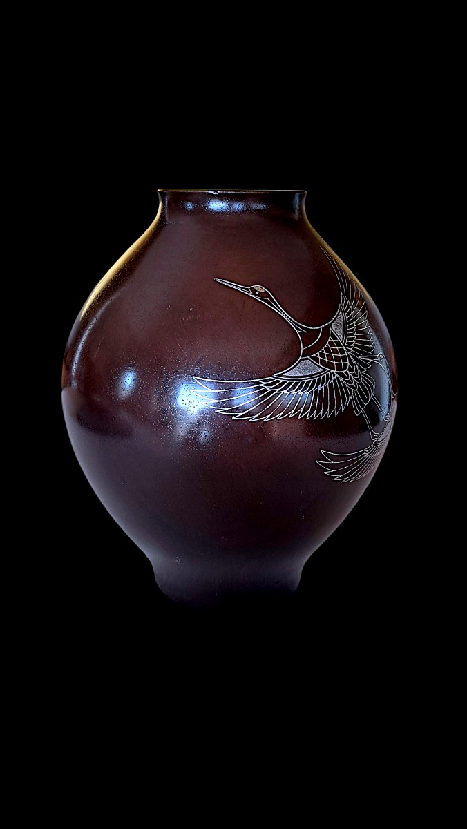 Japanese Bronze Vase By Murata Hiroshi: Flying Cranes-photo-3