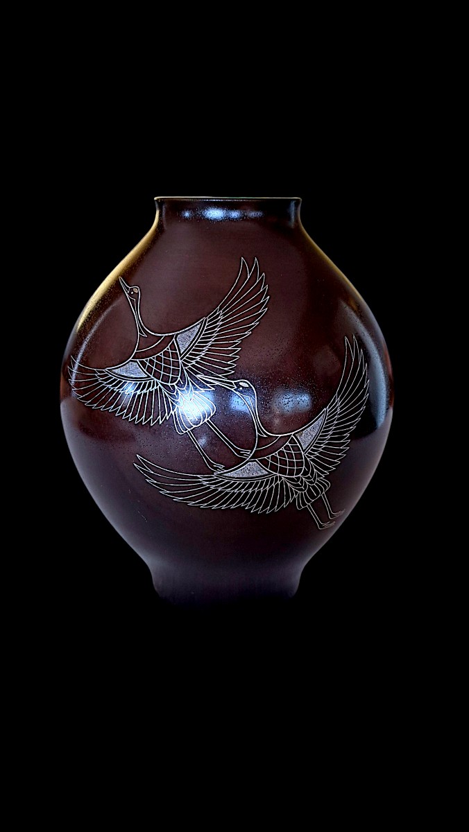 Japanese Bronze Vase By Murata Hiroshi: Flying Cranes