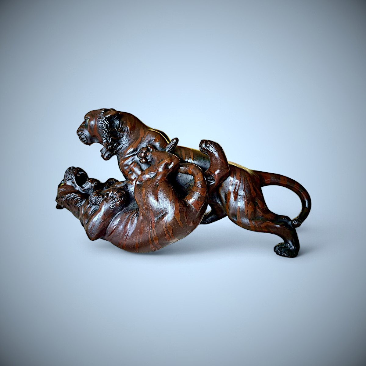 Bronze Japonais Genryusai Seiya - Two Tigers In Combat-photo-1