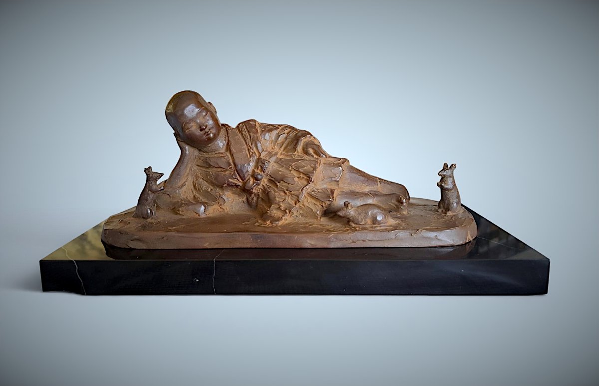 Japanese Bronze By Katsuhiro Saito: Sleeping Sesshu-photo-2