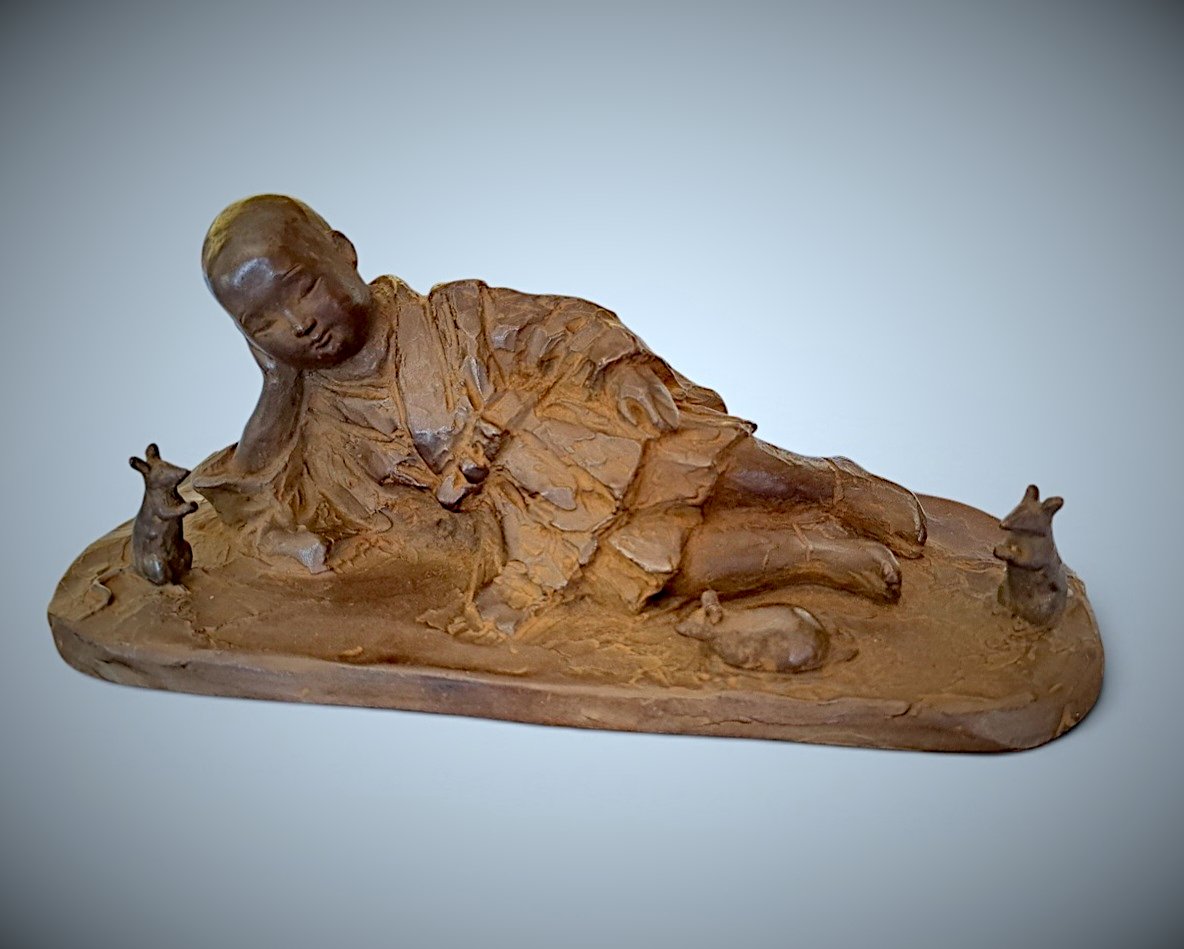 Japanese Bronze By Katsuhiro Saito: Sleeping Sesshu