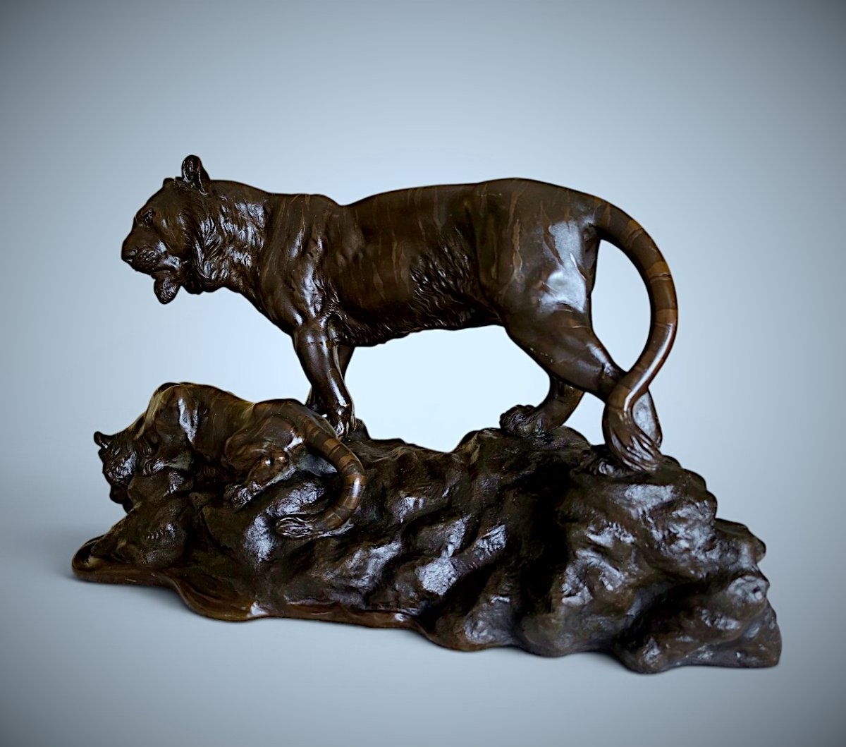 Japanese Bronze Genryusai Seiya - Tiger And Cub By A Rocky Stream-photo-2