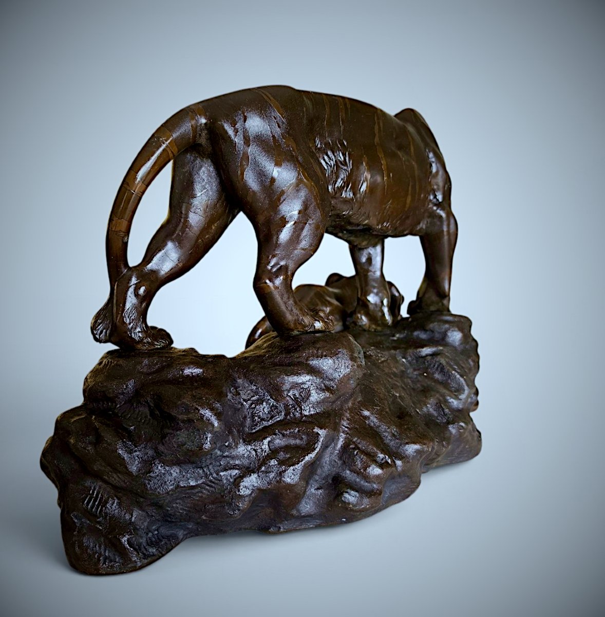 Japanese Bronze Genryusai Seiya - Tiger And Cub By A Rocky Stream-photo-4