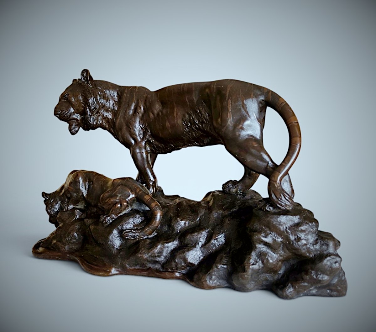 Japanese Bronze Genryusai Seiya - Tiger And Cub By A Rocky Stream-photo-2