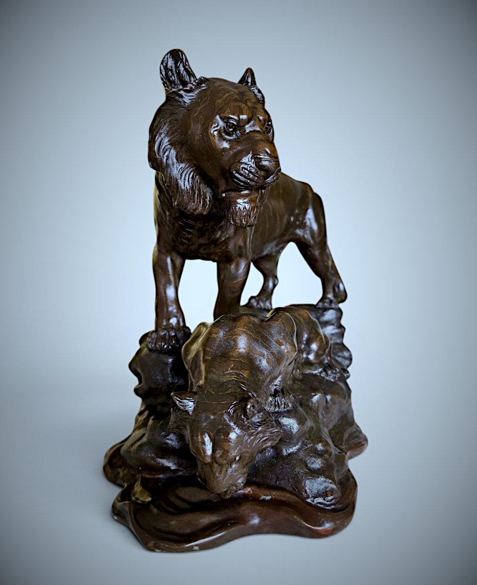 Japanese Bronze Genryusai Seiya - Tiger And Cub By A Rocky Stream-photo-4