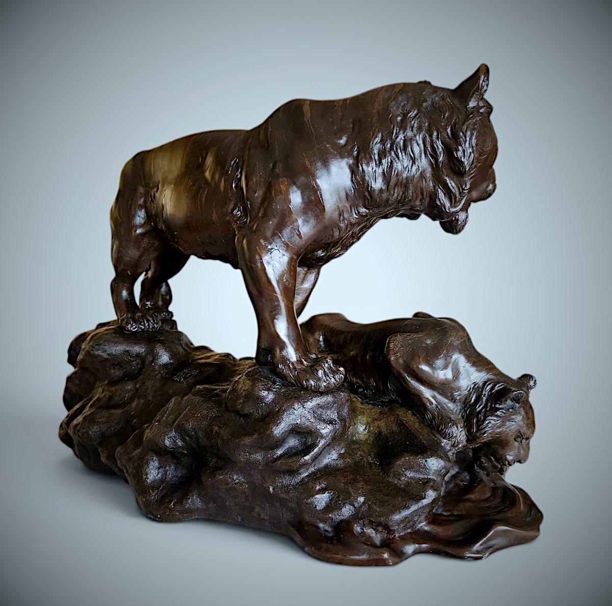 Japanese Bronze Genryusai Seiya - Tiger And Cub By A Rocky Stream-photo-2