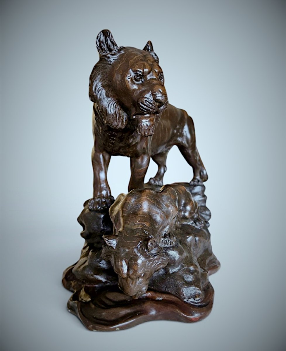 Japanese Bronze Genryusai Seiya - Tiger And Cub By A Rocky Stream-photo-3