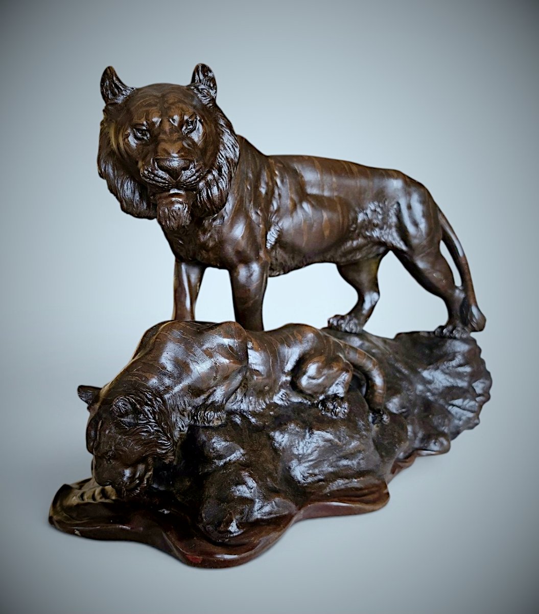 Japanese Bronze Genryusai Seiya - Tiger And Cub By A Rocky Stream-photo-4
