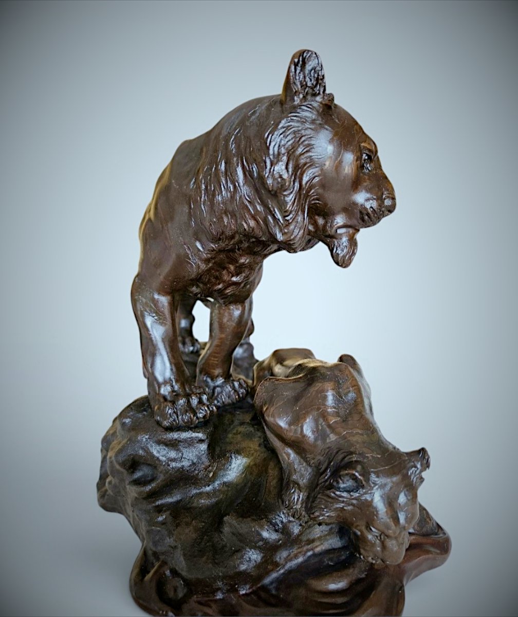 Japanese Bronze Genryusai Seiya - Tiger And Cub By A Rocky Stream-photo-5