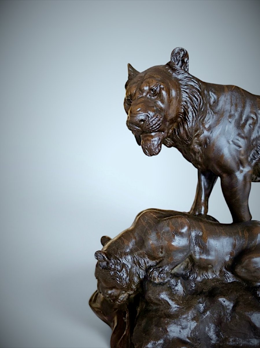 Japanese Bronze Genryusai Seiya - Tiger And Cub By A Rocky Stream-photo-7