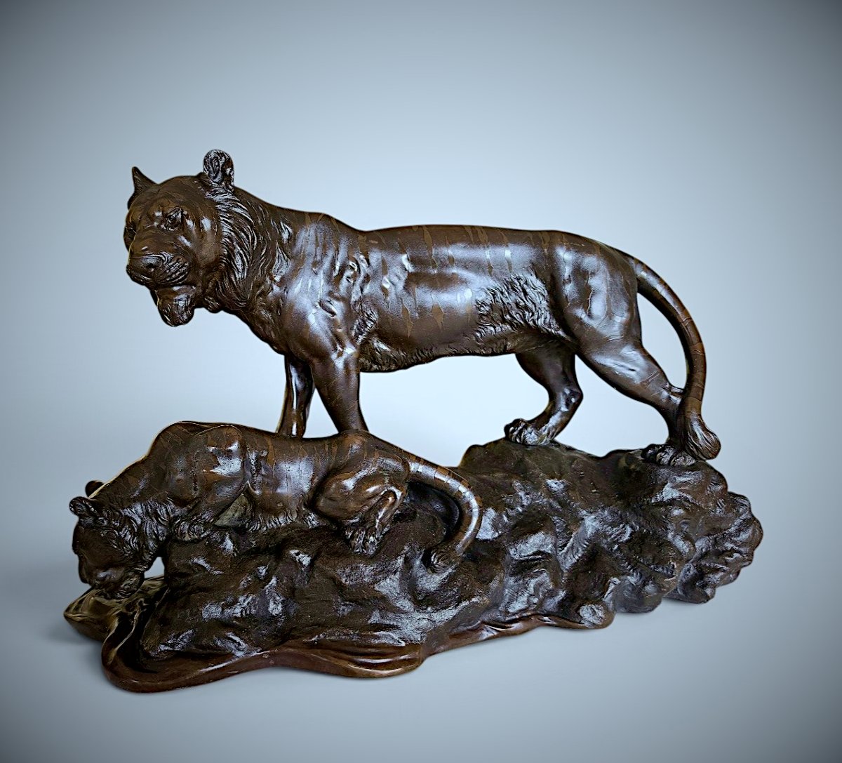 Japanese Bronze Genryusai Seiya - Tiger And Cub By A Rocky Stream