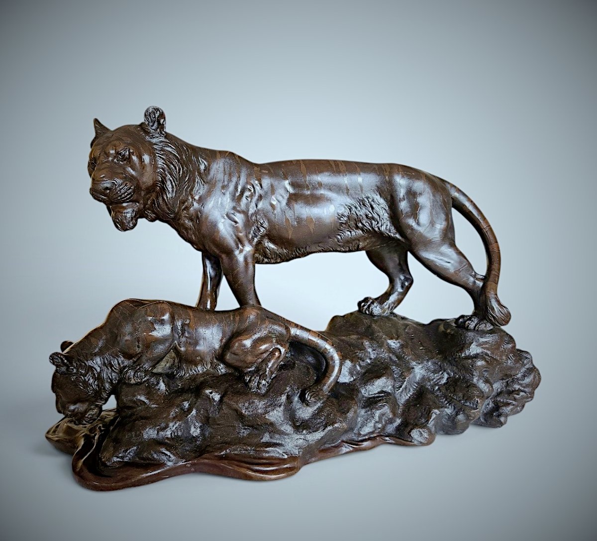 Japanese Bronze Genryusai Seiya - Tiger And Cub By A Rocky Stream