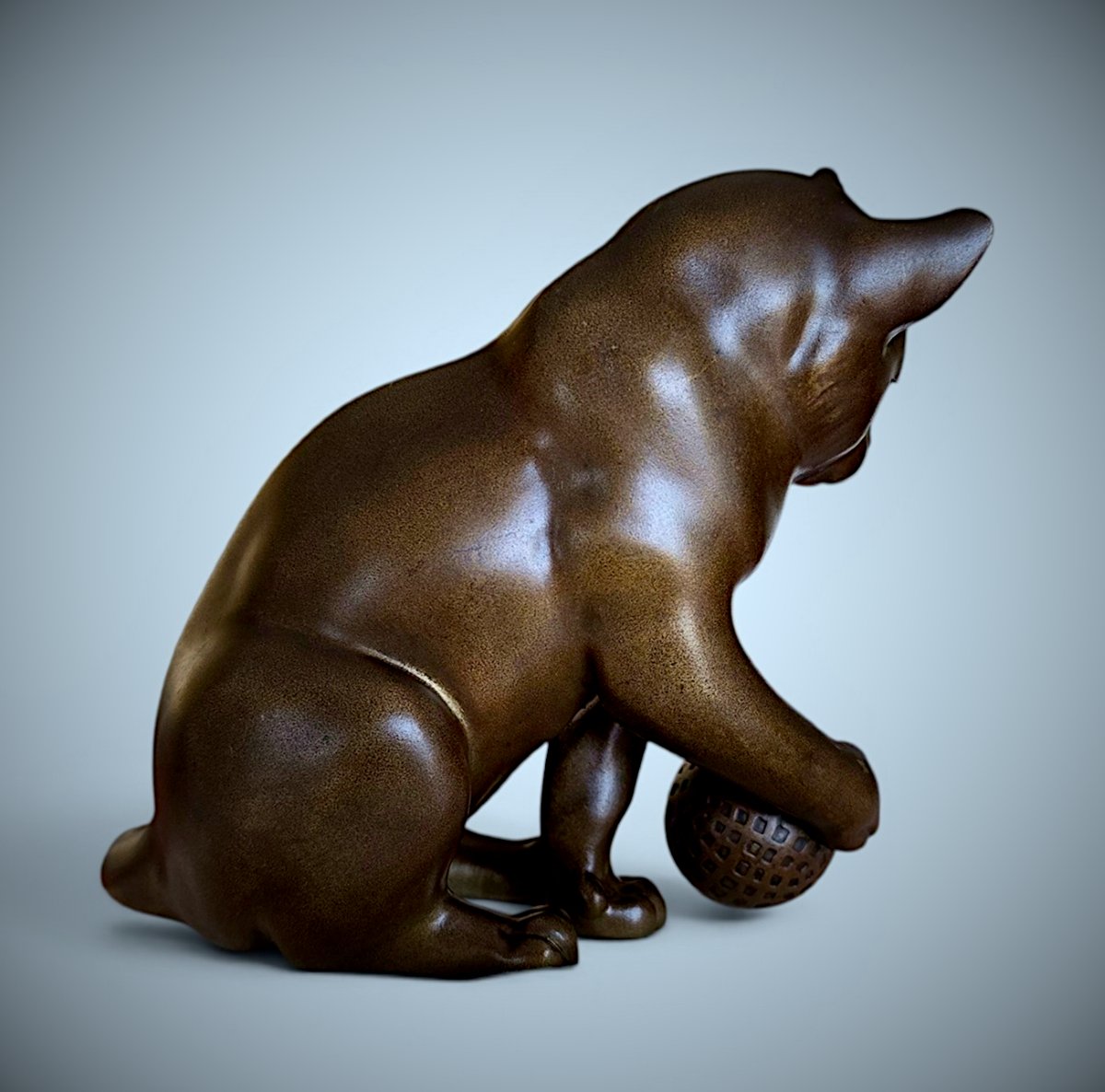 Japanese Bronze By Onoda Harumasa - Cat With A Temari Ball-photo-5