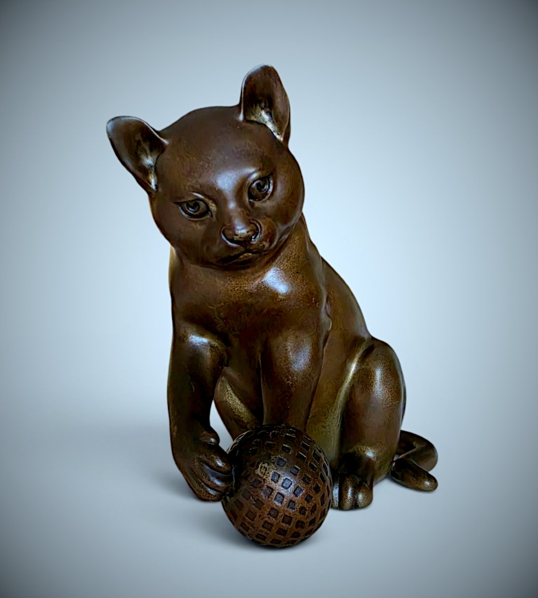 Japanese Bronze By Onoda Harumasa - Cat With A Temari Ball