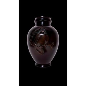 Bronze Japonais - Vase Signé Nanto  - Oiseau Sur Une Branche 
