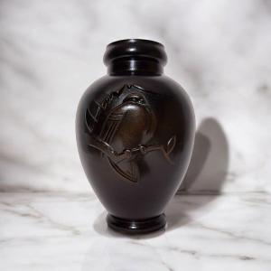 Japanese Bronze - Vase Signed Nanto - Bird On A Branch 