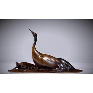 Bronze Japonais de Katô TATSUO  加藤 龍雄 - Minogame et grue