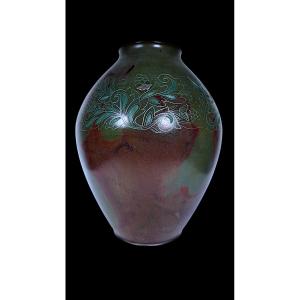 Bronze japonais de Hannya KANKEI (般若勘渓) : Vase en bronze incrusté d'argent