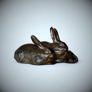 Japanese Bronze Sculpture By Misawa Hiroshi: Three Rabbits