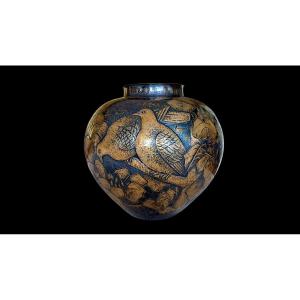 Japanese Hammered Bronze Vase By Gyokusendo: Doves, Branches And Leaves