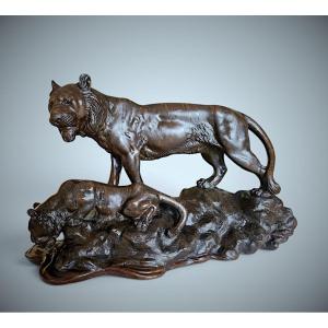Bronze Japonais Genryusai SEIYA - Tigre et son petit au bord d'un ruisseau rocailleux