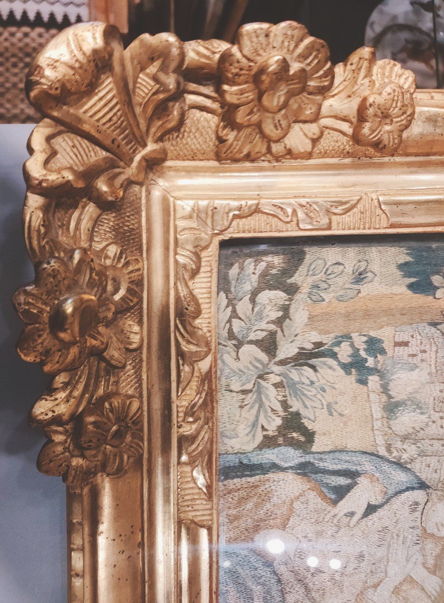 Silk Embroidery In Its Golden Frame From The 18th Century-photo-1